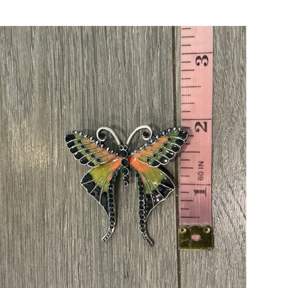 Butterfly Pin Brooch Enamel Crystal Accents Rhinestone Green Orange Boho Hippie